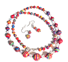 Artisan Mardi Gras Colored Glass Beads Necklace 25&quot; &amp; Earring Set - £35.97 GBP