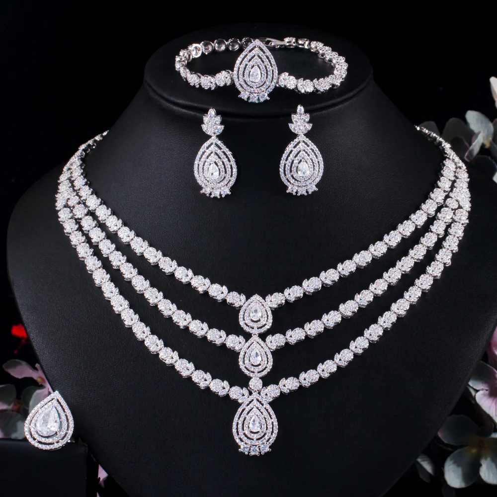 Luxurious Shiny White Cubic Zirconia 3 Layers Nigerian Bridal Wedding Party Jewe - £89.20 GBP