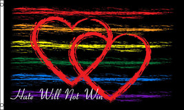 Hate Will Not Win Flag 3x5 ft LGBT Gay Pride Hearts Rainbow Orlando Memorial - £13.43 GBP