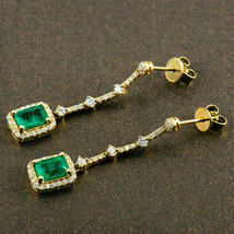 2.30CT Colombian Emerald &amp; Diamond Dangle Earrings 14K Yellow Gold Finish - £93.78 GBP