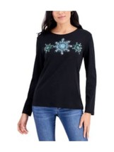 $37 Karen Scott Stretch Graphic Long Sleeve Round Neck Holiday Top Black Size PL - $11.97