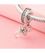 925 Sterling Silver Pacifier with Clear CZ Dangle Charm Bead - $14.99