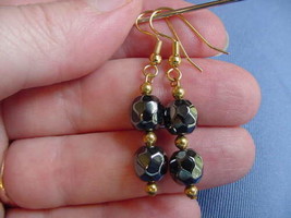 (EE-325) soft faected Black hematite two bead gold wire dangle pair EARRINGS - £7.62 GBP