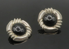 925 Sterling Silver - Vintage Cabochon Black Onyx Non Pierce Earrings - EG8478 - $77.39