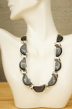 Vintage Costume Jewelry LISNER Silver Tone Black Lucite Moonglow Necklace 16&quot; - £19.73 GBP