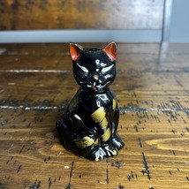 Vintage MCM Glazed Redware Black Cat Figurine Gold Accents Red Ears 1950... - $10.63