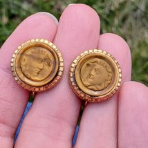 Antique Tiger Eye Cameo Screw Back Earrings Victorian 1/20 12k GF Signed Apollo - £55.37 GBP