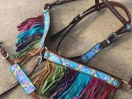 Western Pony Size Horse Rainbow Pony Unicorn Tack Set w/ Fringe + Wither Strap - £78.97 GBP