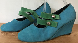 Vtg 60s 70s Mod Blue Green Suede Leather Mary Jane Wedge High Heels 6.5 7 Small - £274.09 GBP