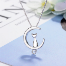 925 Sterling Silver Cat &amp; Moon Necklace - FAST SHIPPING!!! - £9.50 GBP