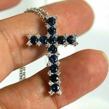 4Ct Round Cut Lab Created Blue Sapphire Cross Pendant 14k White Gold Plated - £135.25 GBP