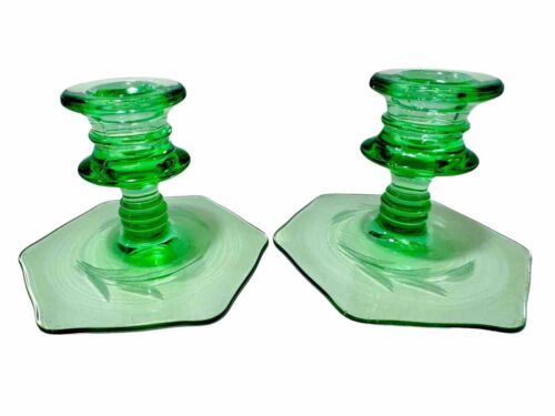 Fostoria Vintage 50's Etched Leaf Green Glass 6 Side Candle Holders Set - $28.95