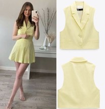 Zara Blogger Favorite Cropped Waistcoat With Covered Buttons Vest Yellow Sz S - £36.31 GBP