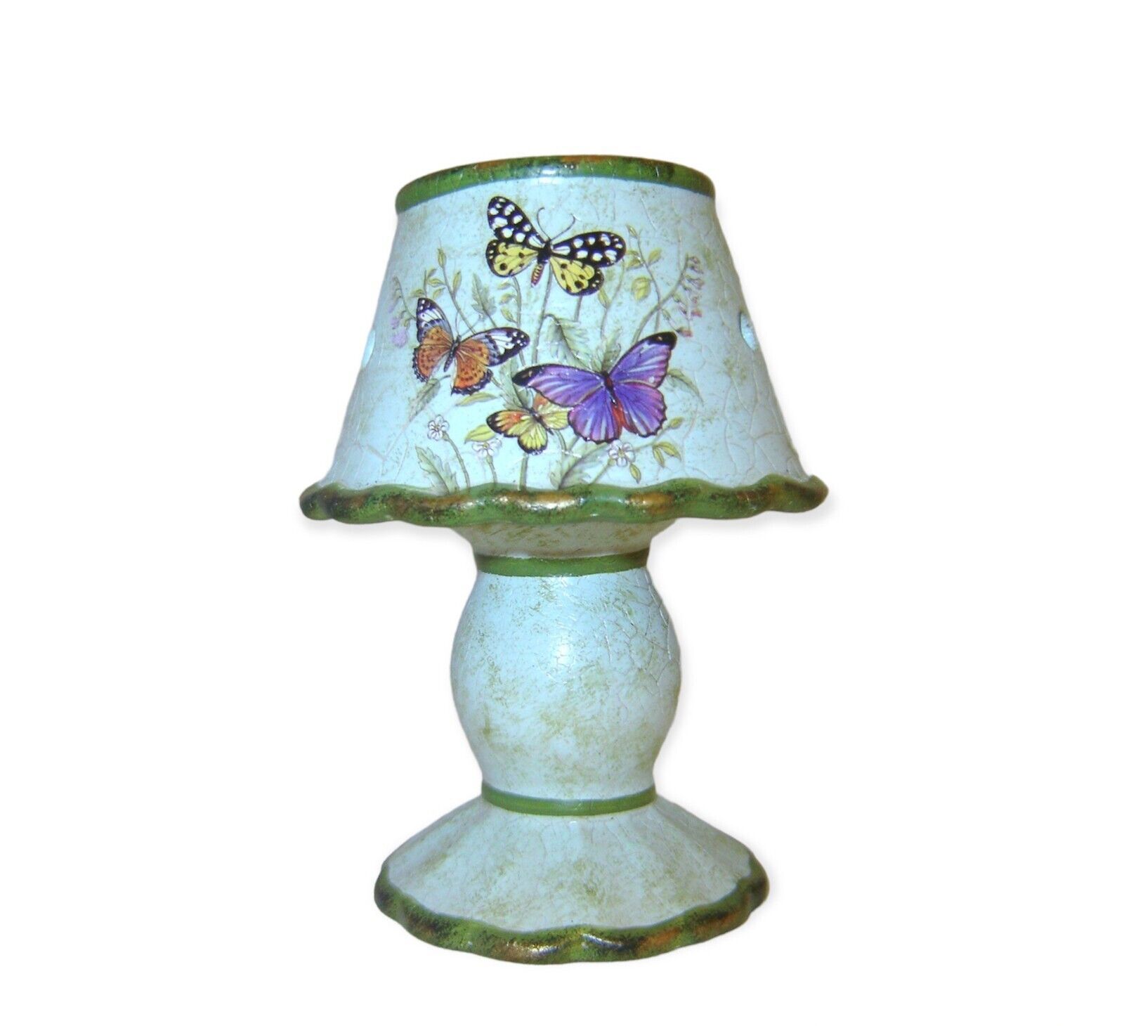 Butterfly Tealight Candle Holder Turquoise Blue Lamp Shade 6.5" High Ceramic - $29.69
