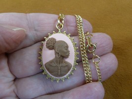 CA10-166) RARE African American LADY pink + brown CAMEO brass pendant necklace - £21.65 GBP