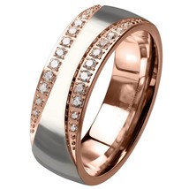 Art Deco Rose Gold Anniversary Ring Stainless Steel Cubic Zirconia Wedding Band - £15.68 GBP