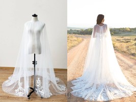 Dreamy Lace Tulle Bridal Cape, Chapel Length Wedding Cape, Boho Wedding Jacket - £159.83 GBP+