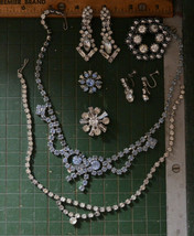 vintage clear &amp; blue rhinestone necklace brooch pin earrings lot set - £37.99 GBP