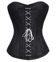 Black Brocade Steel Boned Front Laced Gothic Corset Costume Overbust Bustier Top - £52.11 GBP