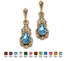 OVAL SIMULATED BIRTHSTONE VINTAGE STYLE DROP EARRINGS MARCH AQUAMARINE - £70.60 GBP