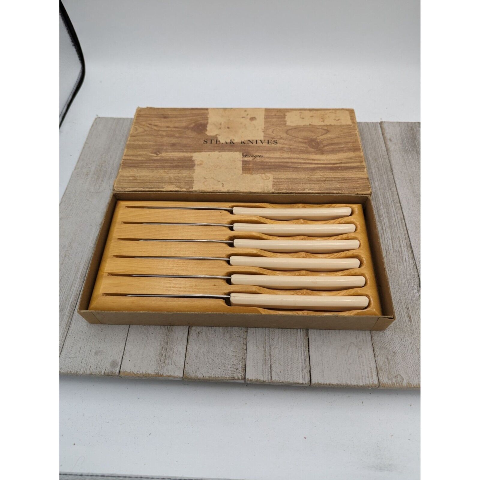 Primary image for Vintage Cattaraugus 6 Steak Knife Set In Wood Holder Cream Bakelite Handles Box