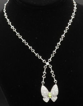 925 Silver - Vintage Peridot &amp; Cubic Zirconia Butterfly &amp; Heart Necklace- NE3904 - £68.55 GBP