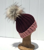 Women&#39;s Two-Tone Wine / Blush Rib Knitted Ski Beanie Hat with FAUX FUR POM  #D - £9.74 GBP