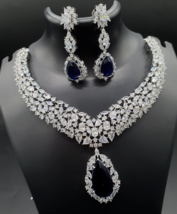 Indian Silver Plated Bollywood Style Choker Necklace Pendent Blue CZ Jewelry Set - £96.77 GBP