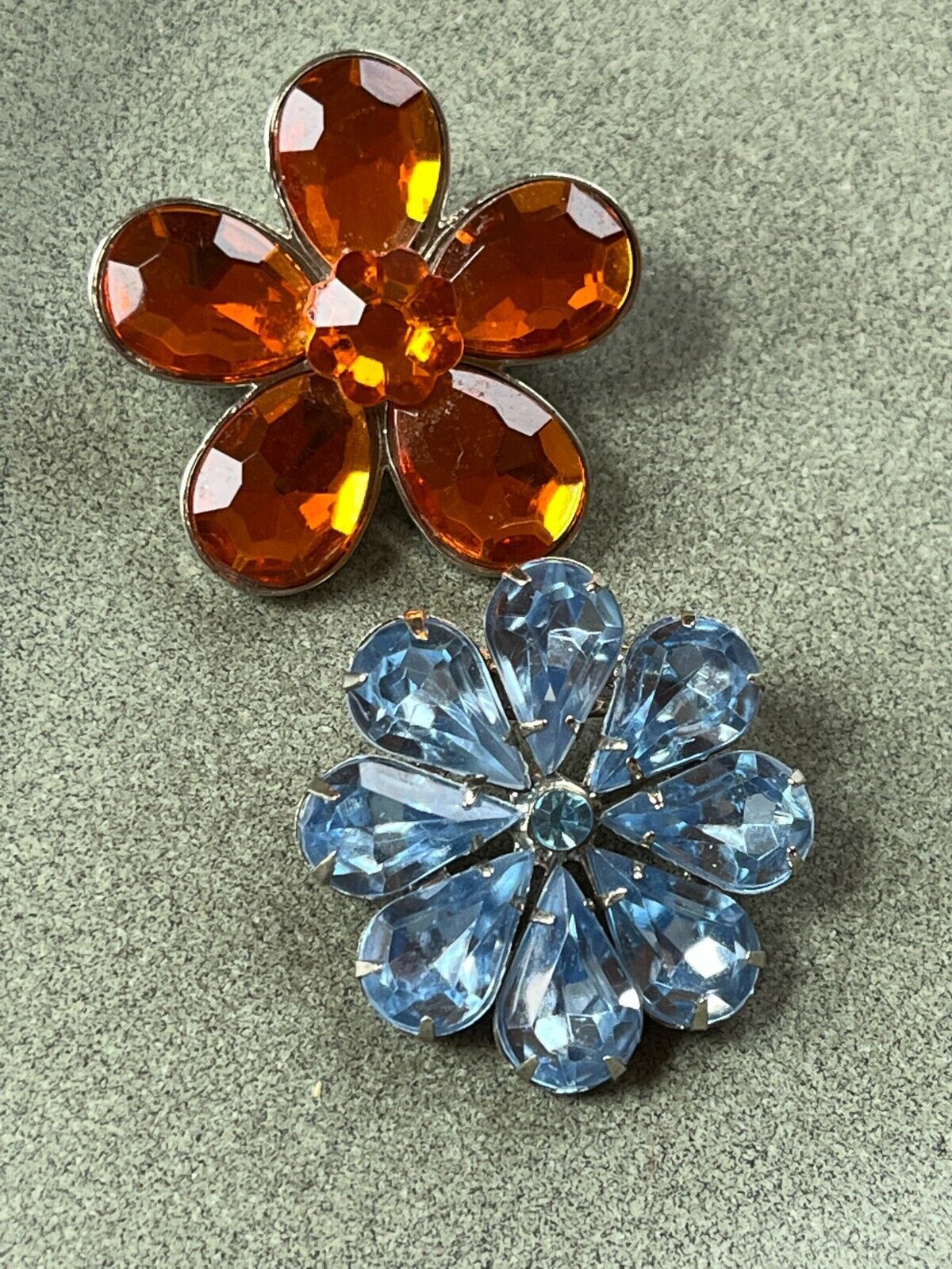 Primary image for Lot of Small Orange or Light Blue Acrylic Rhinestone & SIlvertone FLOWER Brooch