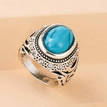 Vintage Style Retro Round Alloy Plated Turquoise Ring Size 10 - £14.10 GBP