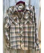 Men&#39;s Med Western Rodeo Cowboy Shirt Brown Yellow Plaid Pearl Snaps L/S ... - $12.34