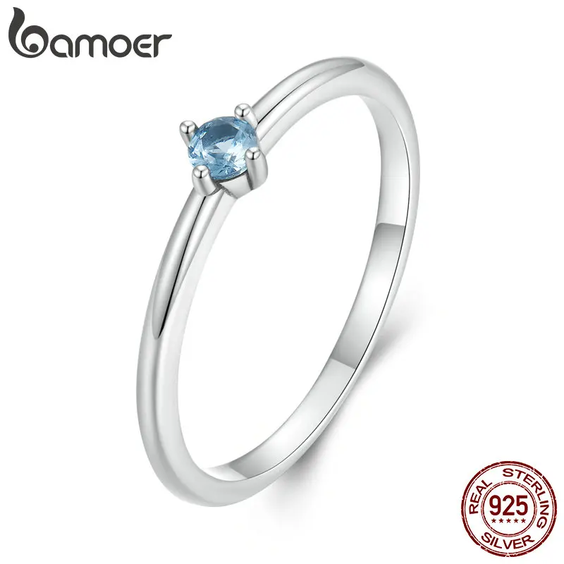 925 Sterling Silver Minimalist Blue Zircon Ring for Women Anniversary Band Simpl - $24.10