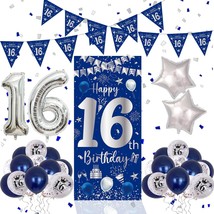 16Th Birthday Decorations For Boys Girls, Blue Silver Happy 16Th Birthday Decora - £23.46 GBP