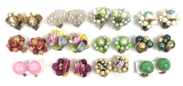 Vintage Beaded Cluster Clip On Earrings Lot Pink Green Gold - $45.00