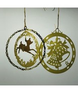 Vintage Reindeer And Bells Metal Laser Cut Christmas Ornaments Gold Colored - $12.00