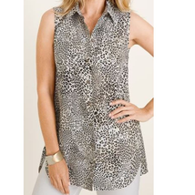 Chicos 2 Sleeveless Animal Print Linen Tunic Top Button Collar Classic Womens L - £14.30 GBP