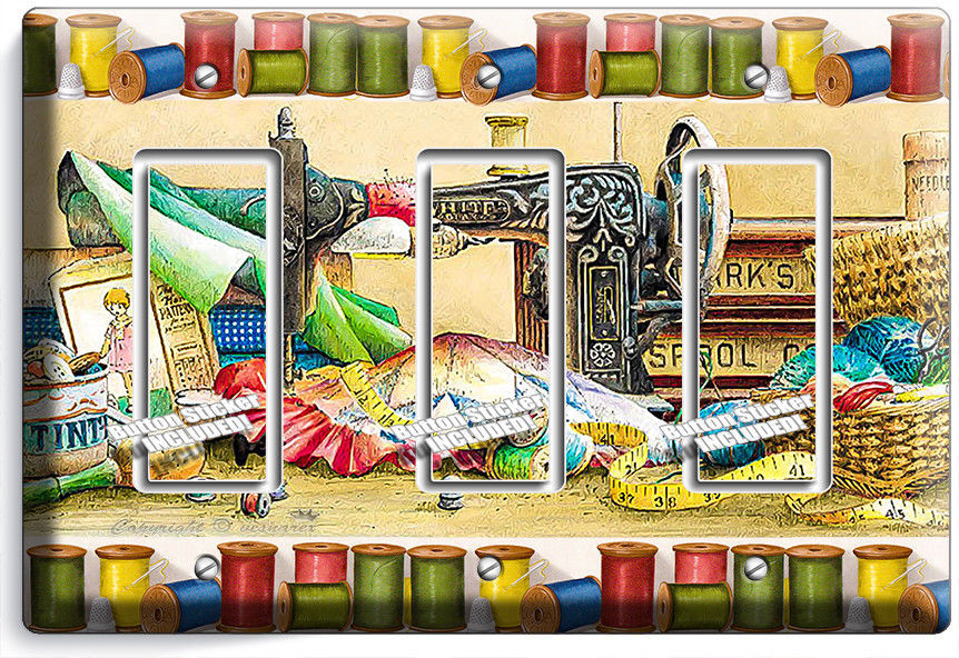 RETRO SEWING MACHINE SPOOLS YARN TRIPLE GFI LIGHT SWITCH PLATE TAILOR ROOM DECOR