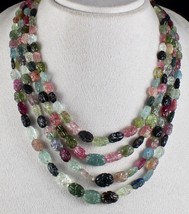 Natural Multi Tourmaline Aquamarine Beads Engraved 564 Ct Gemstone Old Necklace - £1,714.17 GBP