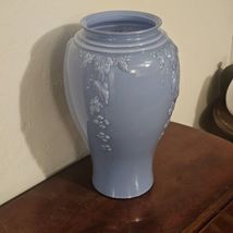 Large 16&quot; Sky Blue Pressed Glass Vase Embossed Flowers On All Sides - £113.87 GBP