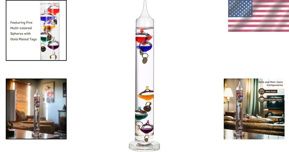 Unique Glass Galileo Thermometer with Gold-Plated Tags - 11" Decorative Piece Item image 2