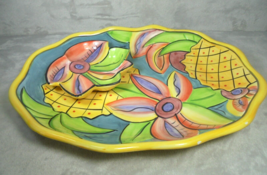 Vtg Clay Art Lanai Hand Painted Platter &amp; Bowl 1998 Floral Ceramic Yello... - $8.86