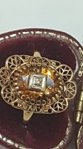Antique Art Deco  10k Yellow Gold  Filigree  Genuine Citrine  Diamond ring,1930&#39; - £683.44 GBP