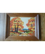 Vintage Erica Wilson 1970&#39;s Cross Stich Fall Scene wood Frame and river ... - $238.97 MXN