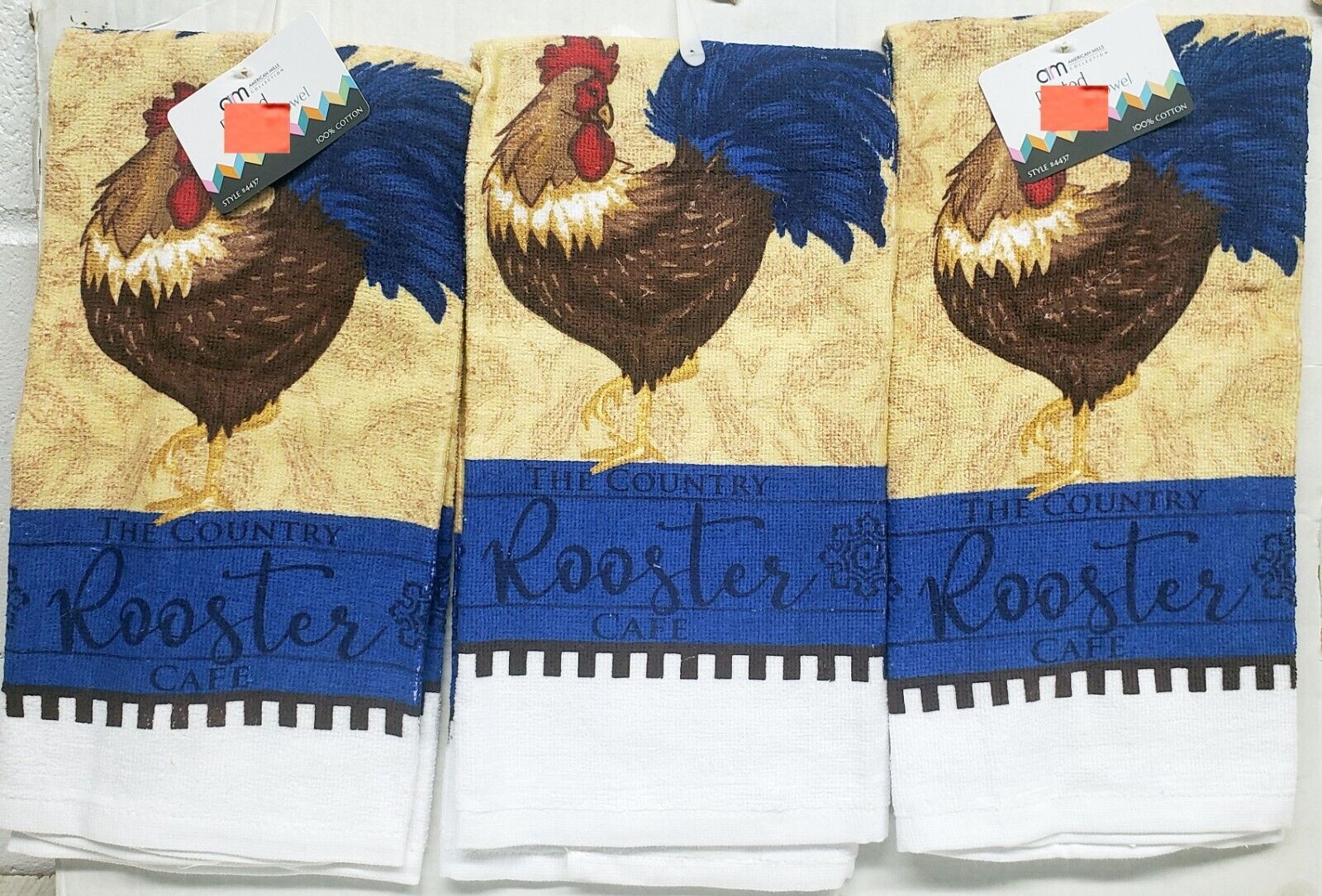 Primary image for SET OF 3 SAME PRINTED TERRY KITCHEN COTTON TOWELS(16x26")COUNTRY ROOSTER CAFE,AM