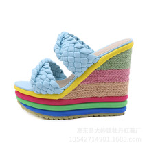 Summer New Platform Wedge Sandals For Women&#39;s With Rainbow Color Weave Fish Mout - £44.47 GBP