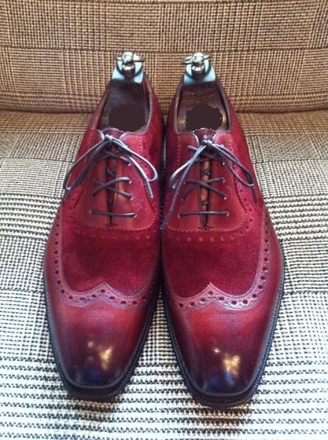 Men Maroon Red Burnished Toe Wing Tip Suede Oxford Genuine Leather Shoes US 7-16