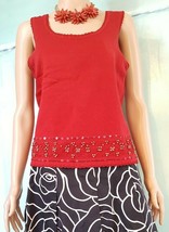 OSCAR DE LA RENTA STUNNING RED KNIT BEAD EMBROIDERED BLOUSE US L - $55.36