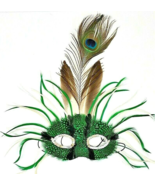 White and Green Mardi Gras Feathered Mask W/Silver Sequins &amp; Peacock Fea... - $12.99
