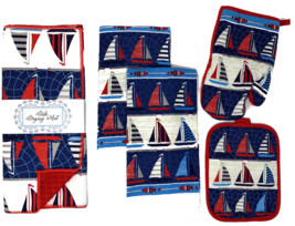 Sailboats Kitchen Dish Towels Potholder Oven Mitt Drying Mat Set, 5-Piece Set - £14.46 GBP