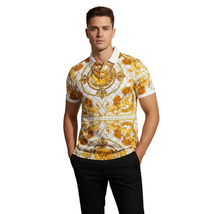 Mens PLATINI Sports Polo Shirt With Rhine Stones Lion Medallion DPP8246 White image 2